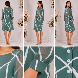 Rochie Verde Salvie cu Imprimeu Abstract, Mâneci din Voal și Nasturi la Spate - Img 2