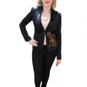 Sacou elegant, material satinat, insertii din margele, negru - Img 1