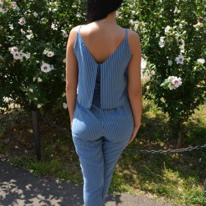 Salopeta casual cu dungi verticale de culoare bleumarin-alb - Img 6
