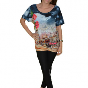 Tricou bleumarin cu imprimeu multicolor si decolteu rotund - Img 1