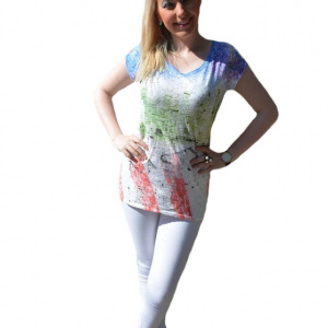 Tricou de culoare alba, cu imprimeu multicolor in fata, casual - Img 1