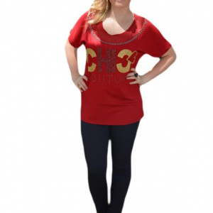 Tricou marsala cu maneca scurta, design rafinat cu strasuri si capse - Img 1