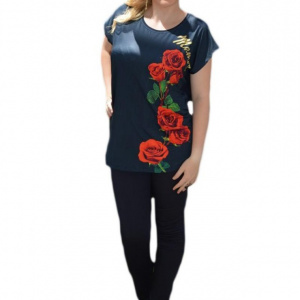 Tricou tineresc cu strasuri si model cu trandafiri, fond bleumarin - Img 1