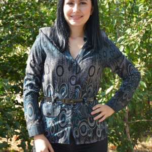 Bluza cu maneca lunga, cu curea in talie, visiniu, turcoaz-negru - Img 3