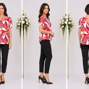 Bluză damă cu imprimeu floral roșu-alb – Croială lejeră, mânecă scurtă, elegantă - Img 3