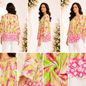 Bluză Damă Oversize Neon cu Imprimeu Abstract și Margine Florală - Img 2