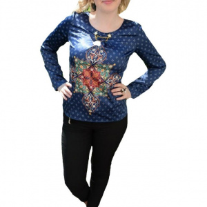 Bluza de culoare bleumarin din material cu model si aspect satinat - Img 1