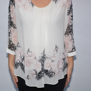 Bluza de ocazie din material tip voal,alb cu imprimeu floral pudra - Img 5