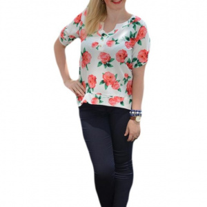 Bluza deosebita de primavara-vara, alba cu design floral corai - Img 1