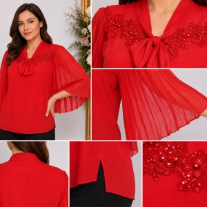 Bluza eleganta Genna din voal cu insertii fine de margele si broderie,rosu - Img 3