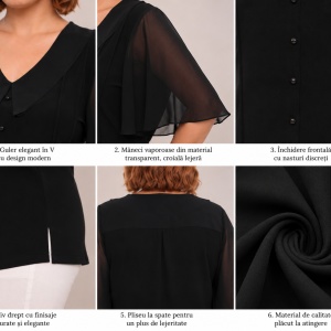 Bluză elegantă neagră cu guler feminin și mâneci vaporoase - Img 3