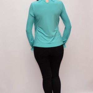 Bluza moderna cu maneca plisata si design de margele, turcoaz - Img 2