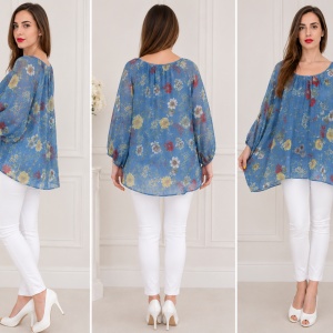 Bluza moderna de vara , cu imprimeu floral, nuanta de albastru - Img 2