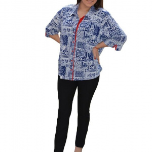 Bluza oversize cu nasturi in fata, alb-bleumarin-rosu, masura mare - Img 1