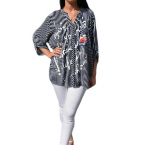 Bluza oversize cu nasturi in fata si dungi fine, alb-bleumarin - Img 1