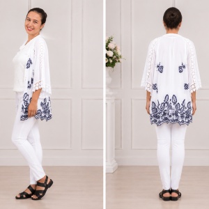 Bluza tip cartigan Eve model brodat cu flori albastre si insertii de dantela,nuanta de alb - Img 4