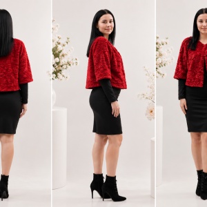 Bolero din blana sintetica, model pana in talie si maneca trei-sferturi, nuanta rosu - Img 2