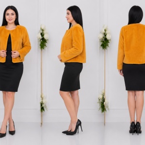 Bolero Elisa din blana sintetica, model pana in talie cu maneca lunga,nuanta de mustariu - Img 2