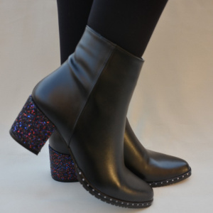 Botina rafinata din piele naturala neagra cu toc gros multicolor - Img 4