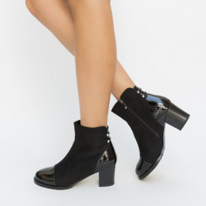 Botina scurta de culoare neagra, cu varf rotund si toc gros - Img 4