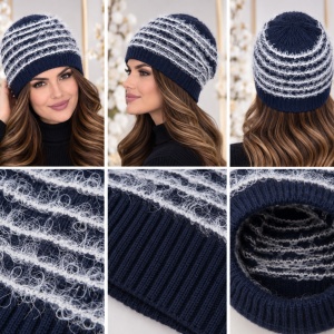 Caciula trendy, bleumarin-alb, din material tricotat cu design de dungi fine - Img 2