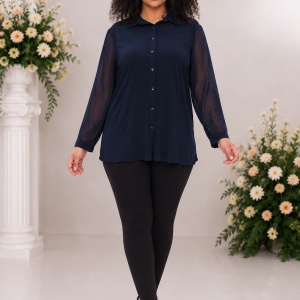 Cămașă elegantă bleumarin cu mâneci transparente