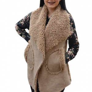 Cardigan tip vesta Adda din piele intoarsa,croi asimetric,nuanta de crem - Img 1