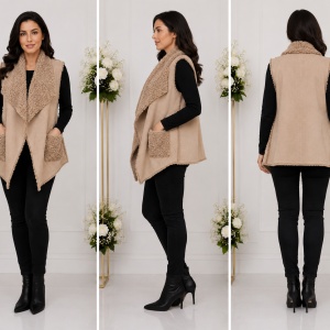 Cardigan tip vesta Xenai cu insertii de blanita pe spate,nuanta de crem - Img 2