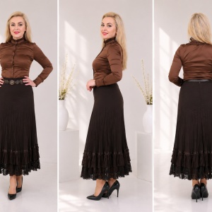 Fusta eleganta cu insertii de dantela si accesorii aurii, nuanta maro - Img 4