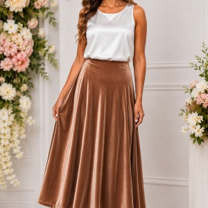 Fustă Midi Elegantă din Catifea Maro Bronz, 95% Poliester și 5% Elastan
