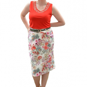 Fusta rafinata de zi, model scurt cu croi drept, design multicolor
