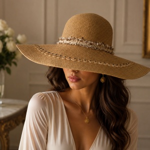 Pălărie de Damă Bej -crem cu Boruri Largi și Detalii Elegante