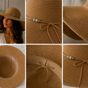 Pălărie de Damă Bej cu Boruri Largi și Detalii Elegante – Accesoriu Chic pentru Vară, - Img 3