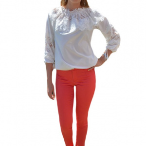 Pantalon comod din material elastic, rosu, cu model de buline - Img 1