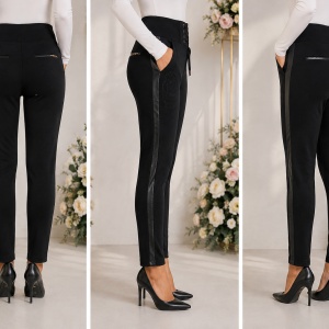 Pantalon damă cu talie înalta și aplicație cu strasuri – Negru - Img 2