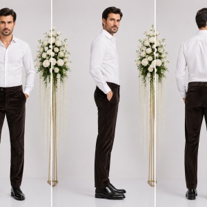 Pantalon la dunga, de culoare maro inchis, cu model in tesatura - Img 5