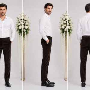 Pantalon la dunga, de culoare maro inchis, cu model in tesatura - Img 2