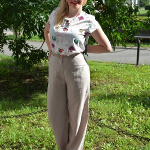 Pantalon lung, confortabil cu croi larg pe picior, din bumbac bej - Img 3