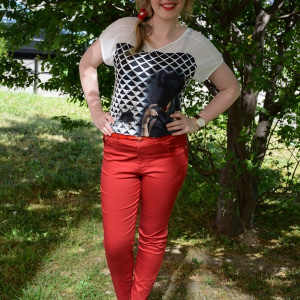 Pantalon lung de vara, rosu, material usor elastic, talie medie - Img 2