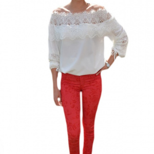 Pantalon tineresc cu design floral pe fond rosu, model lung - Img 1