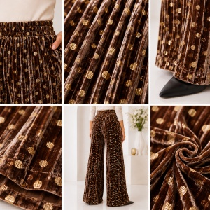 Pantaloni damă din catifea plisată maro cu buline aurii – croi larg elegant - Img 3