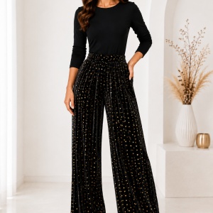 Pantaloni damă din catifea plisată neagră cu buline aurii – croi larg elegant