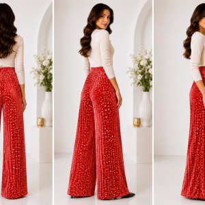 Pantaloni damă din catifea plisată roșie cu buline aurii – croi larg elegant - Img 2