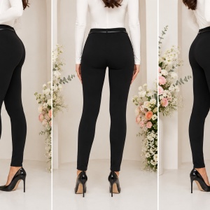 Pantaloni Tip Colant Damă Negri cu Curea Decorativă și Strasuri la Gleznă - Img 2