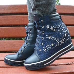 Pantof modern tip sport, culoare bleumarin cu design de strasuri - Img 3