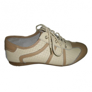 Pantofi bej cu design de dungi maro si model de perforatii mici