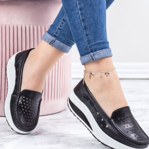 Pantofi casual damă negri din piele naturală cu perforații și talpă ortopedică - Img 3