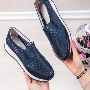 Pantofi sport damă bleumarin din piele naturală cu perforații și talpă groasă - Img 3
