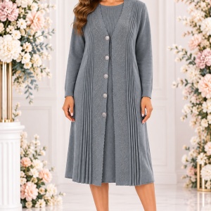 Poncho Damă Lungă Gri inchis din Lână și Acrilic – Model Tricotat Elegant cu Nasturi si cristale fine