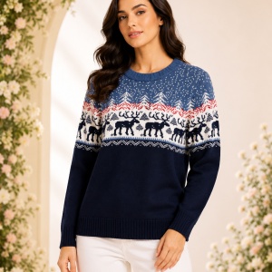 Pulover Damă Nordic cu Reni – Bleumarin, Albastru și Alb